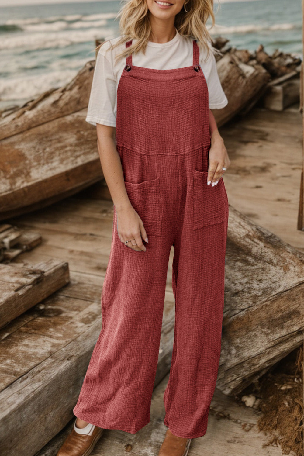 Plus Size Wide Leg Front Pocket Jumpsuit Sunset and Swim Brick Red S 