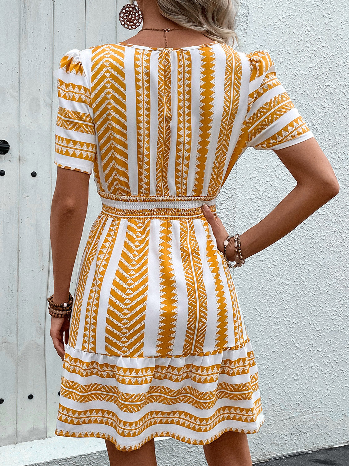 Geometric Notched Short Sleeve Mini Dress Sunset and Swim   