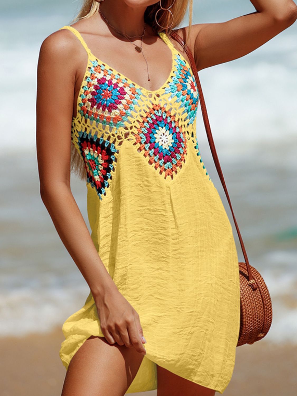 Sunset Vacation  Cutout V-Neck Beach Cover Up Dress Sunset and Swim Yellow One Size 