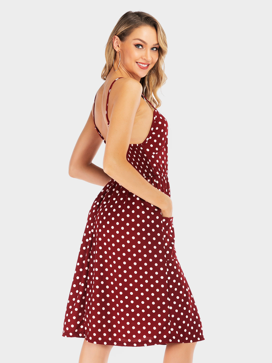 Sunset Vacation Perfee Polka Dot Sweetheart Neck Dress with Pockets Sunset and Swim   