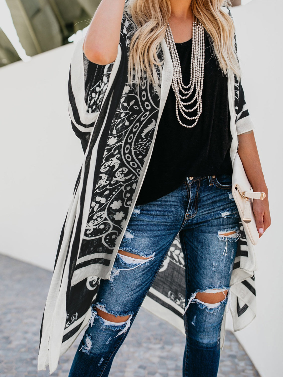 Printed Open Front Cover-Up Sunset and Swim Black One Size 