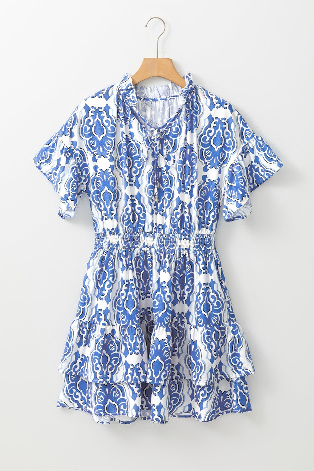 Printed Tie Neck Short Sleeve Mini Dress Sunset and Swim   