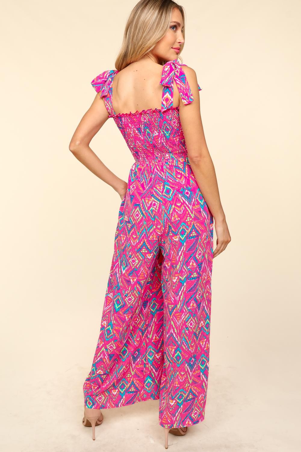 Haptics Printed Smocked Sleeveless Jumpsuit Sunset and Swim   