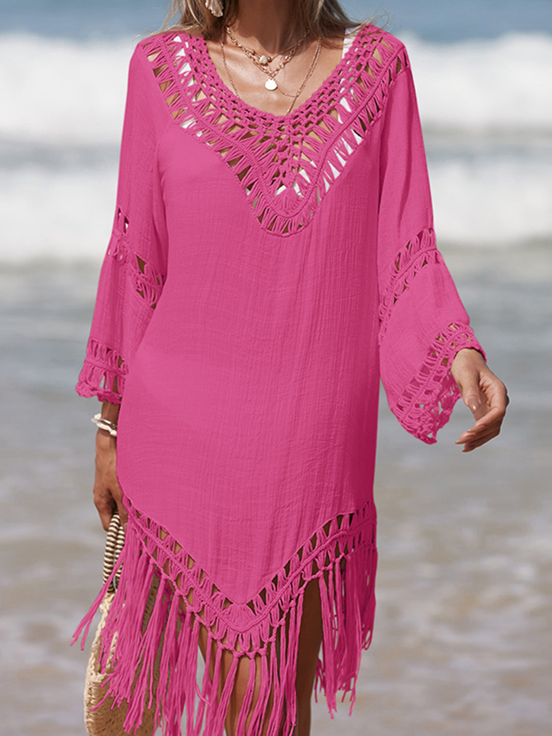 Sunset Vacation  Cutout Fringe Scoop Neck Beach Cover Up Sunset and Swim   