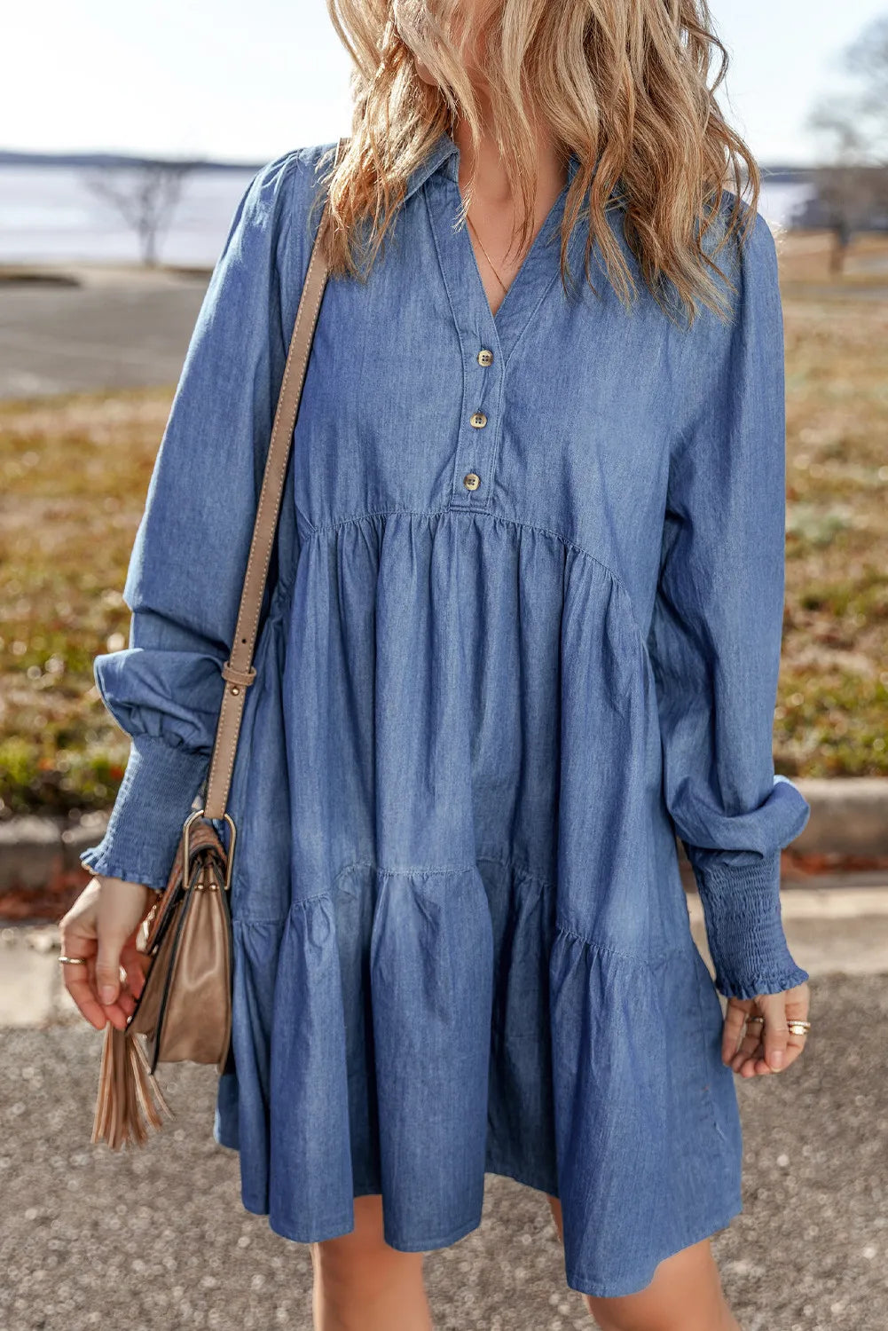 Tiered Johnny Collar Long Sleeve Denim Dress Sunset and Swim   