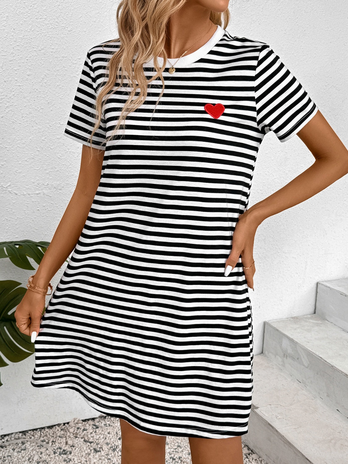 Striped Round Neck Short Sleeve Dress Sunset and Swim   