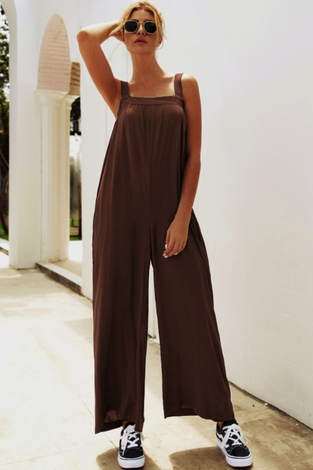 Wide Strap Wide Leg Jumpsuit Sunset and Swim Chocolate S 