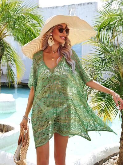 Sunset Vacation  Slit Openwork V-Neck Cover Up Sunset and Swim Mid Green One Size 