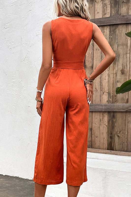 Tie Belt Sleeveless Jumpsuit with Pockets Sunset and Swim   