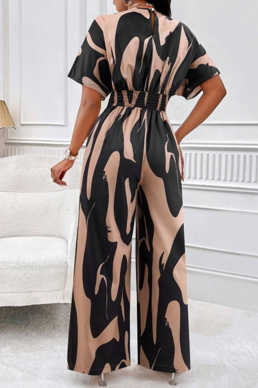 Printed V-Neck Short Sleeve Wide Leg Jumpsuit Sunset and Swim   