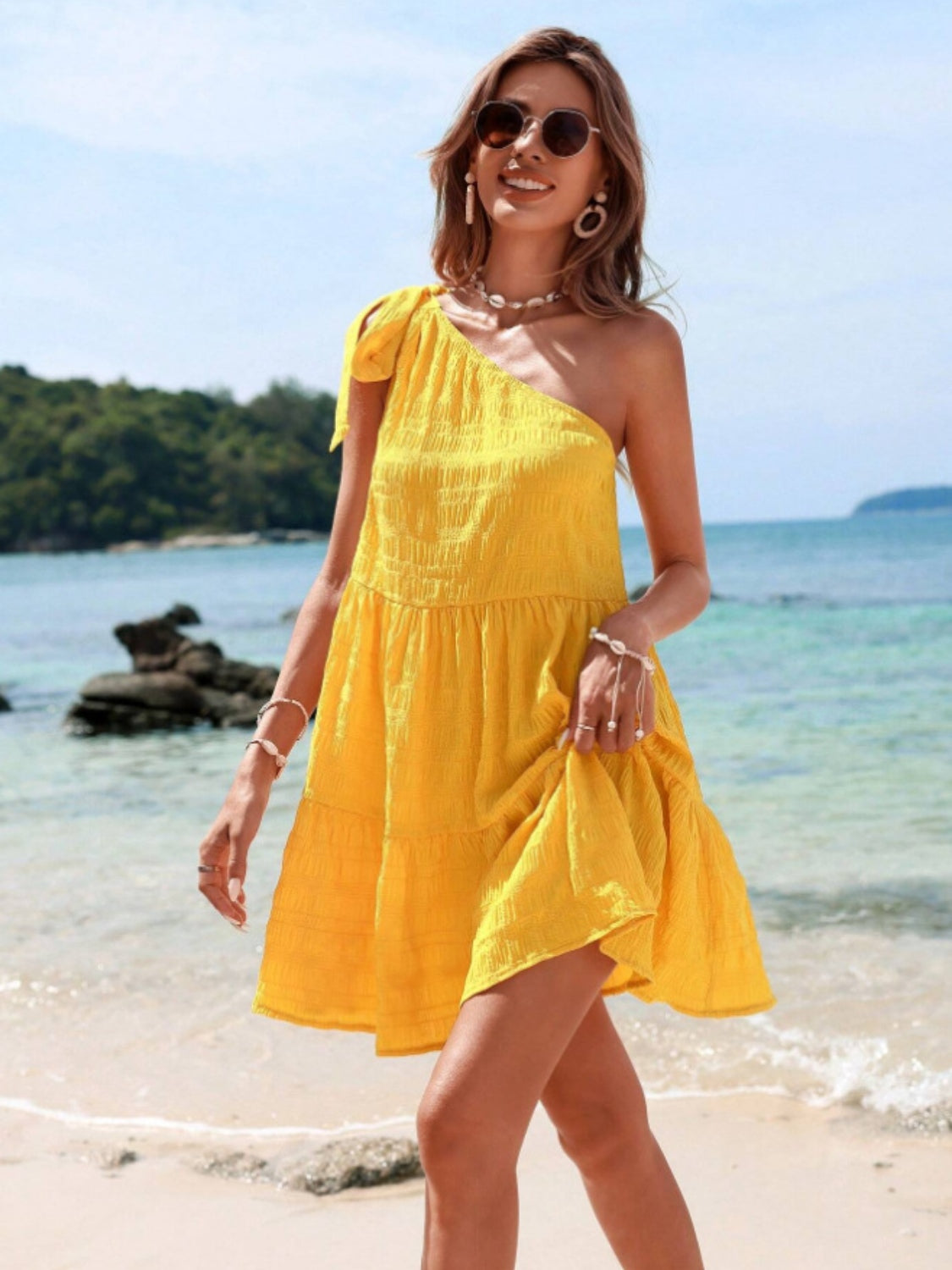 Sunset Vacation Tied Single Shoulder Mini Dress Sunset and Swim   