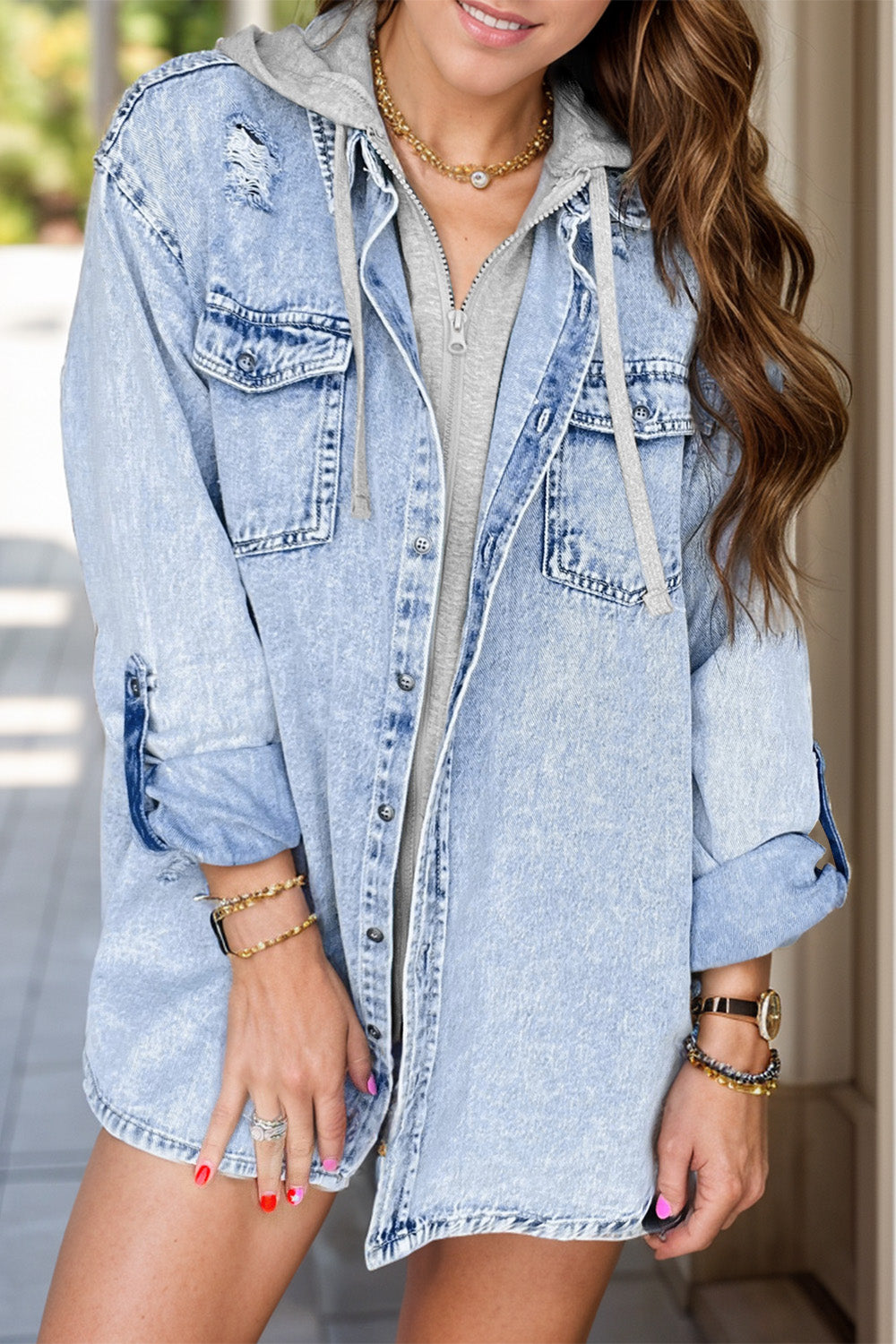 Distressed Button Up Long Sleeve Denim Jacket Sunset and Swim Medium S 