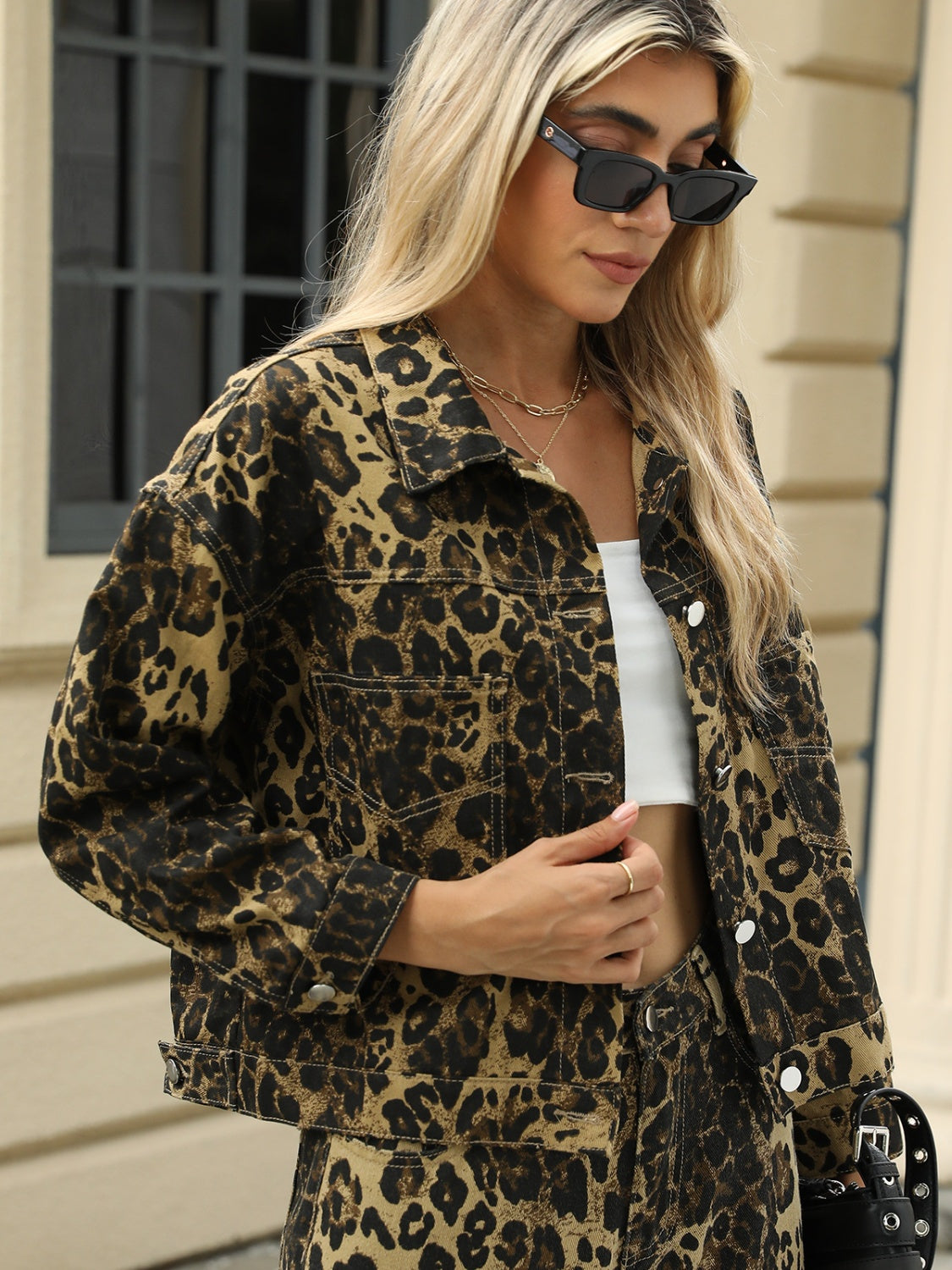 Pocketed Leopard Long Sleeve Denim Jacket Sunset and Swim   