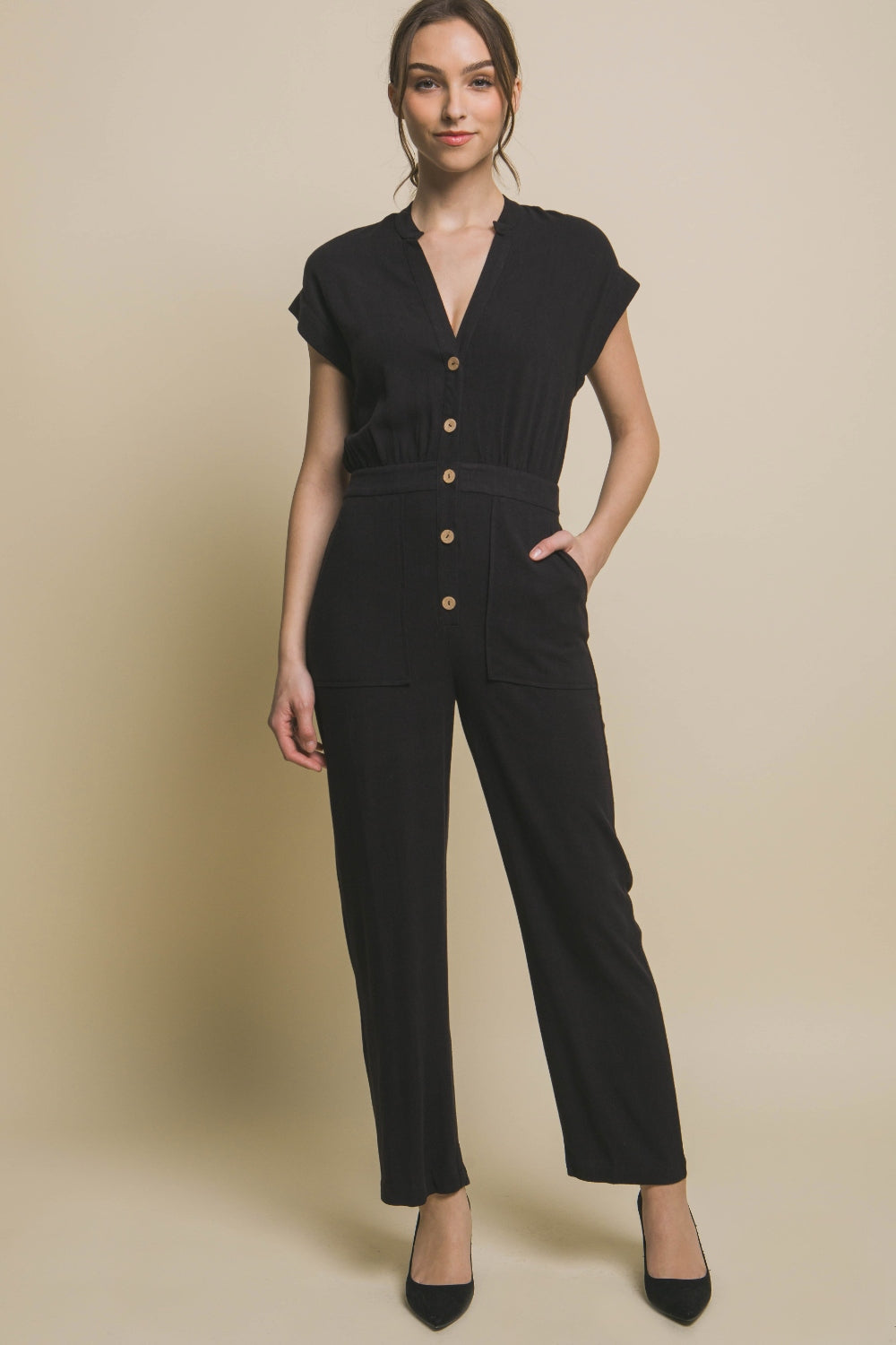 Sunset and Swim  Love Tree Button Up Front Pocket Jumpsuit Sunset and Swim Black S 