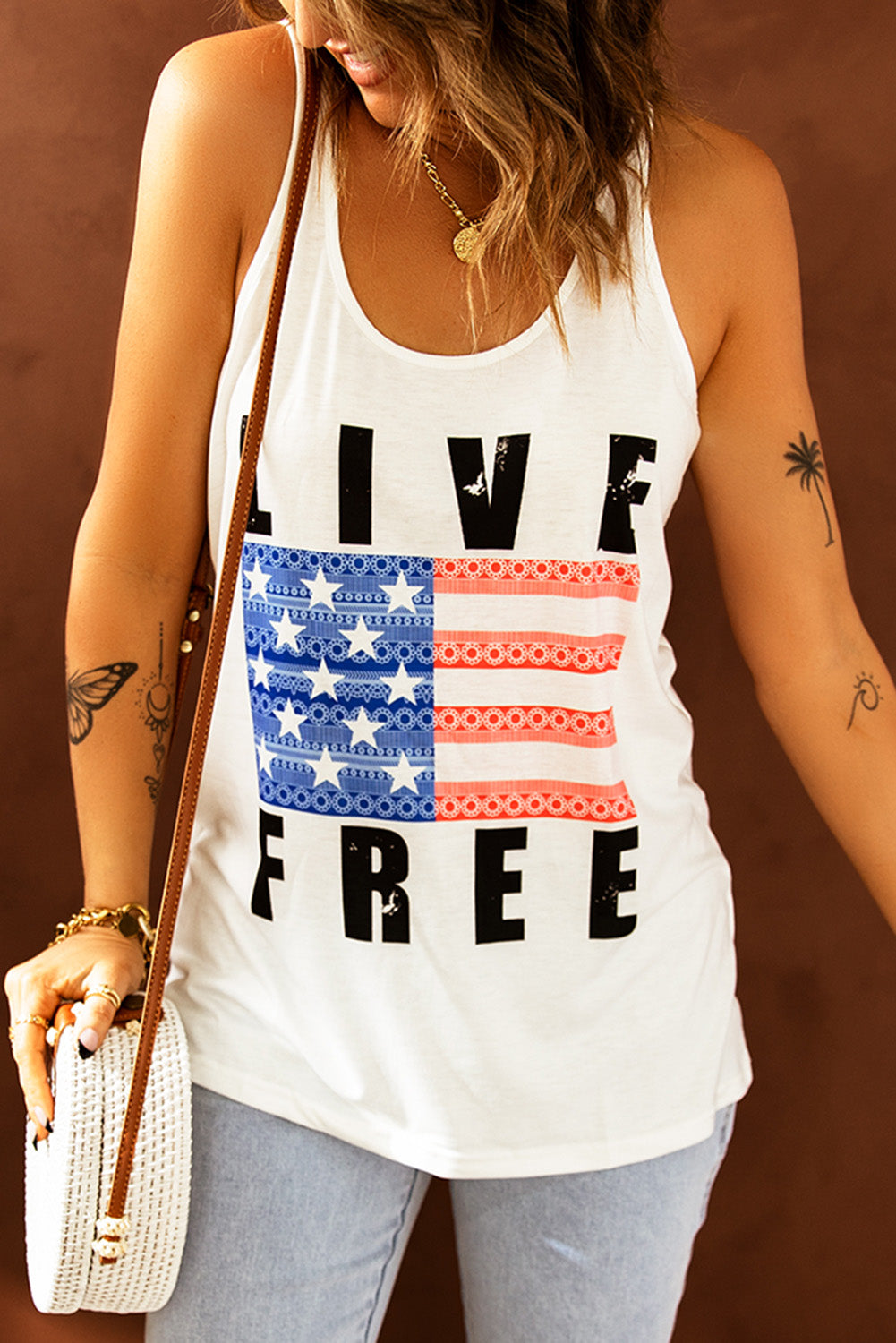 LIVE FREE Stars and Stripes Graphic Tank Sunset and Swim   