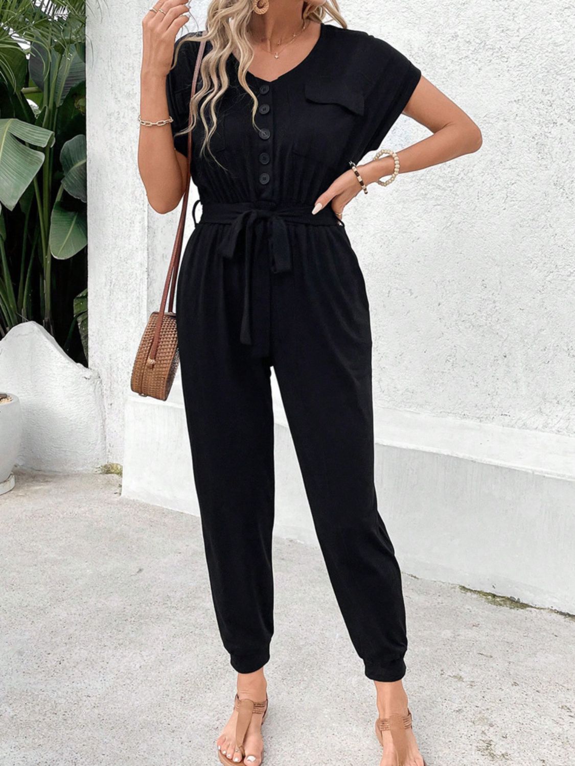 V-Neck Short Sleeve Jumpsuit Sunset and Swim   