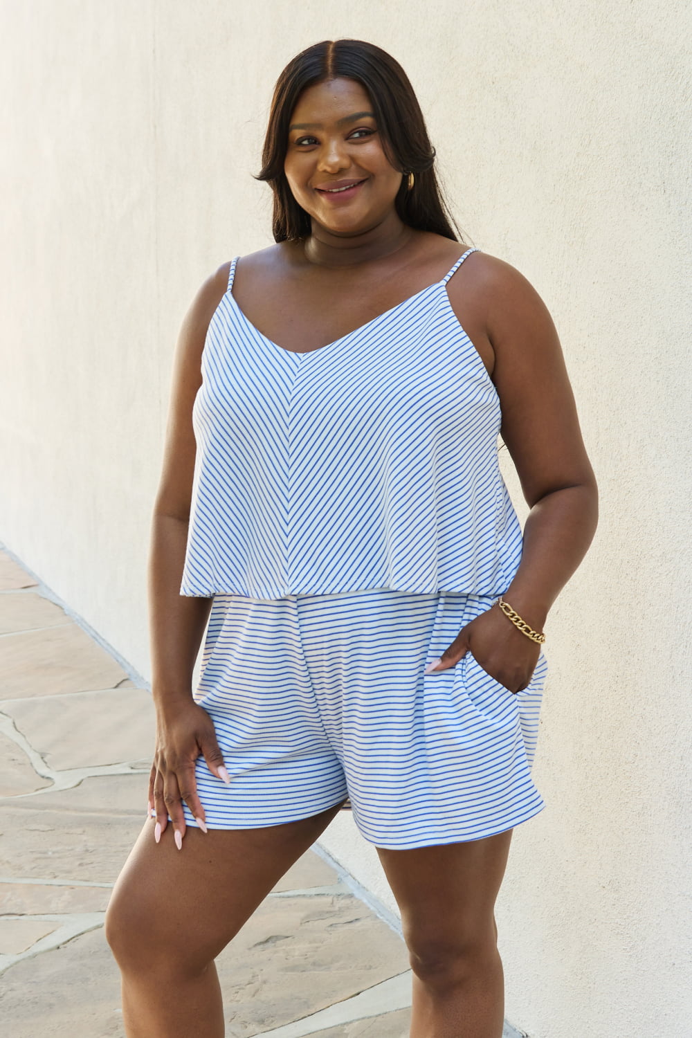 Culture Code Let It Happen Full Size Double Flare Striped Romper in Cobalt Blue Sunset and Swim   