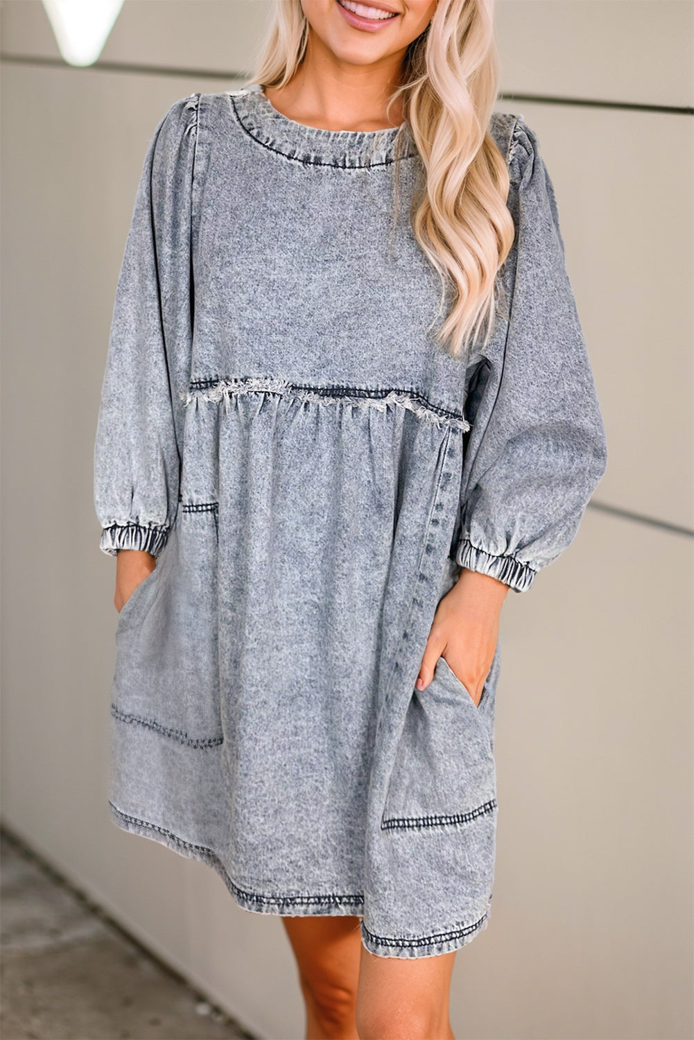 Round Neck Long Sleeve Denim Dress Sunset and Swim Gray S 