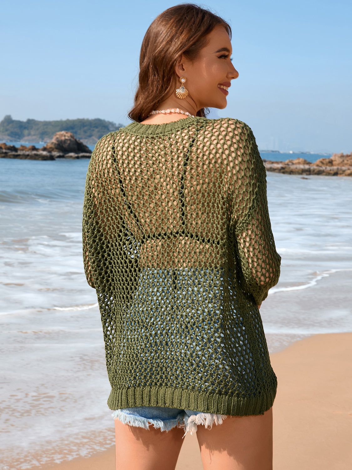 Sunset Vacation  Heart Openwork Long Sleeve Cover-Up Sunset and Swim   