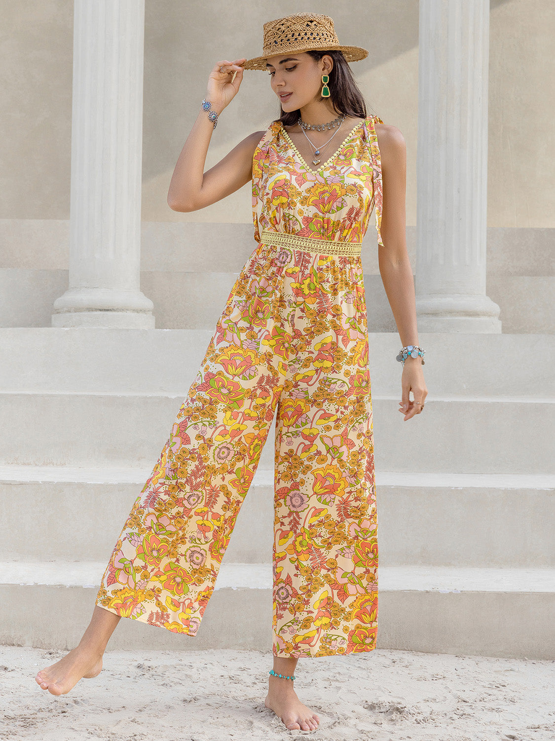 Printed V-Neck Tie Shoulder Jumpsuit Sunset and Swim   