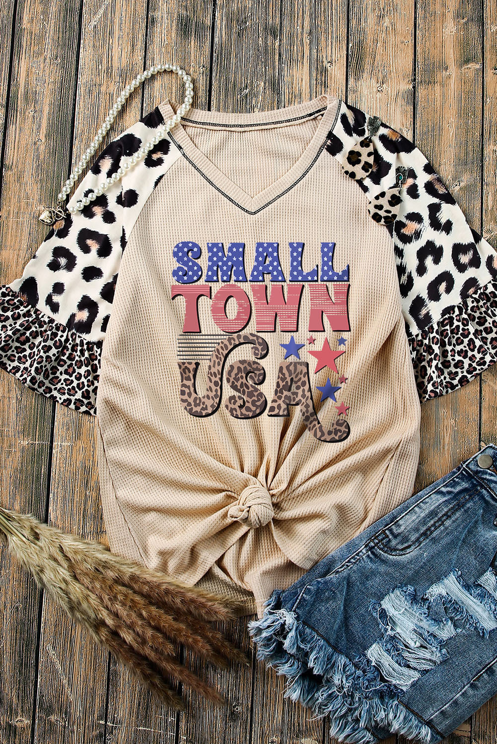 SMALL TOWN USA Graphic Leopard V-Neck Top  Sunset and Swim   