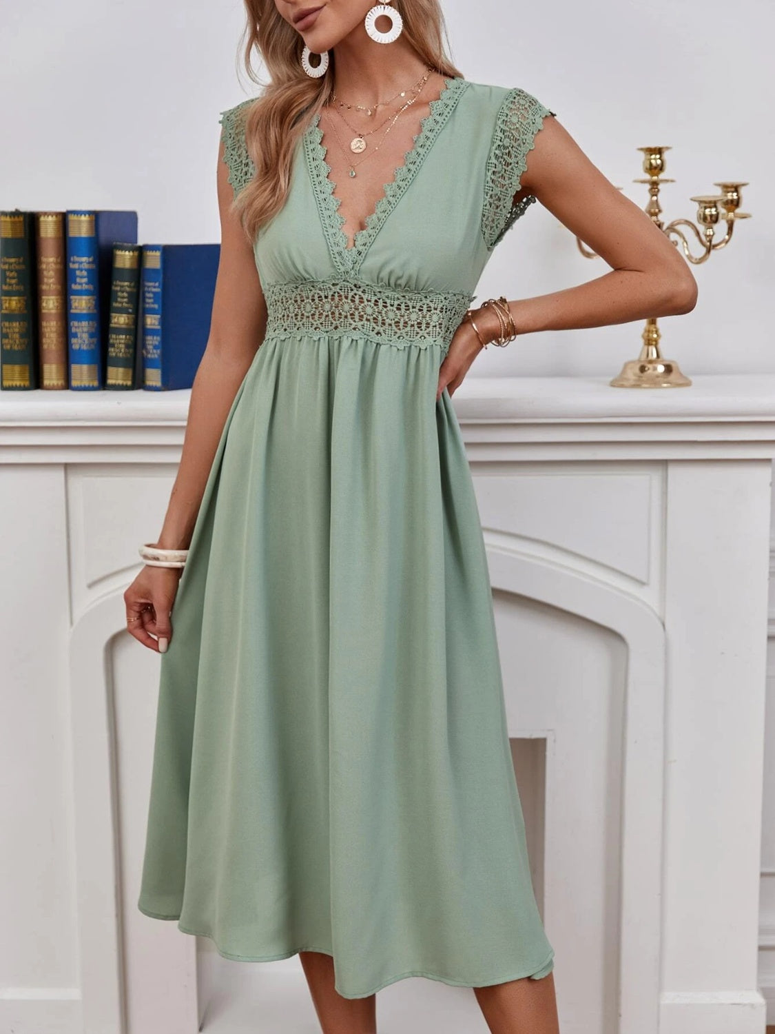 Sunset and Swim  Lace Detail V-Neck Cap Sleeve Dress Sunset and Swim Light Green S 