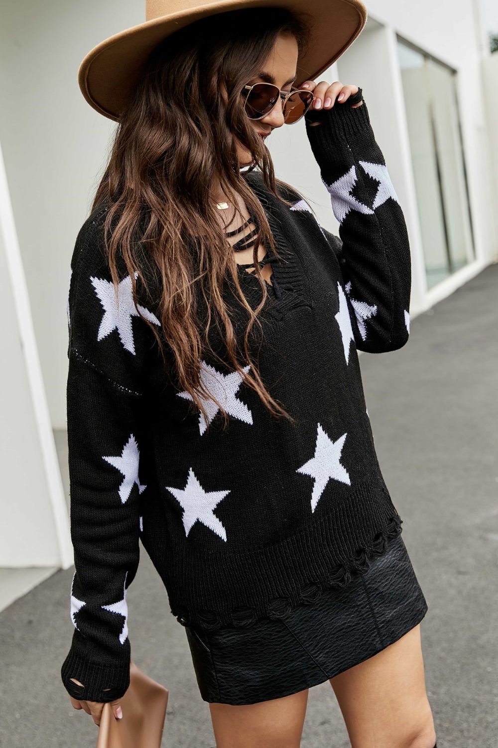 Star Pattern Lace-Up Drop Shoulder Sweater Sunset and Swim   