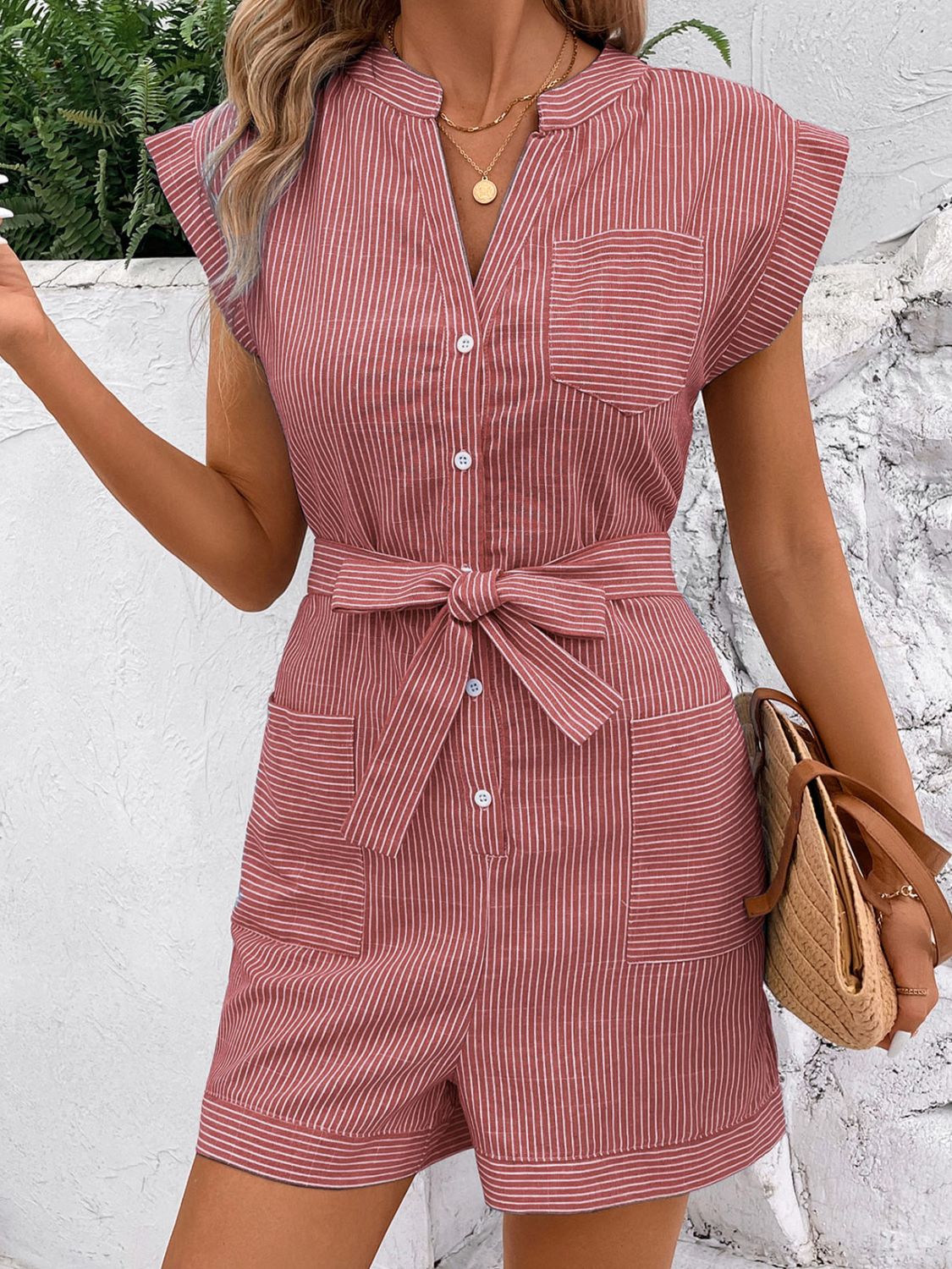 Striped Notched Tie Waist Romper Sunset and Swim Dusty Pink S 