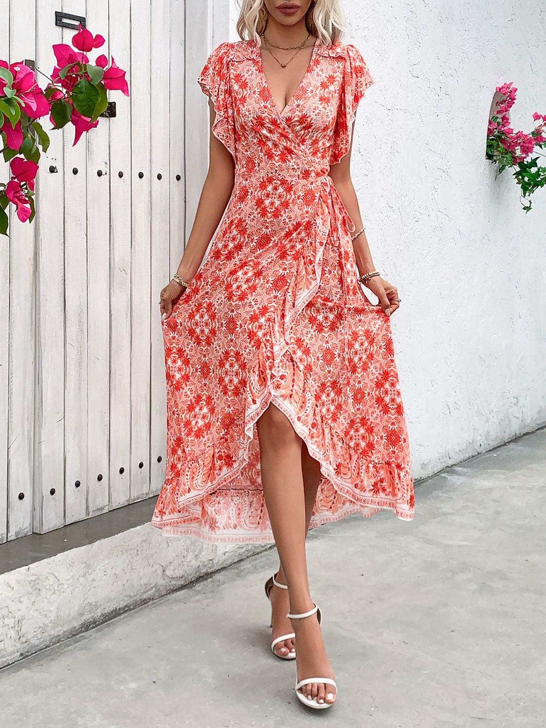 Ruffled High-Low Printed Short Sleeve Midi Dress Sunset and Swim   