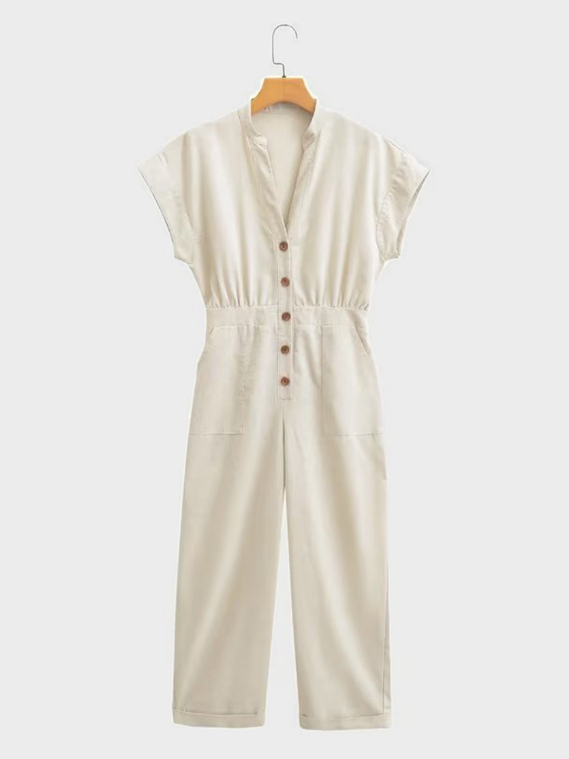 Sunset and Swim  Notched Short Sleeve Jumpsuit with Pockets Sunset and Swim Tan S 