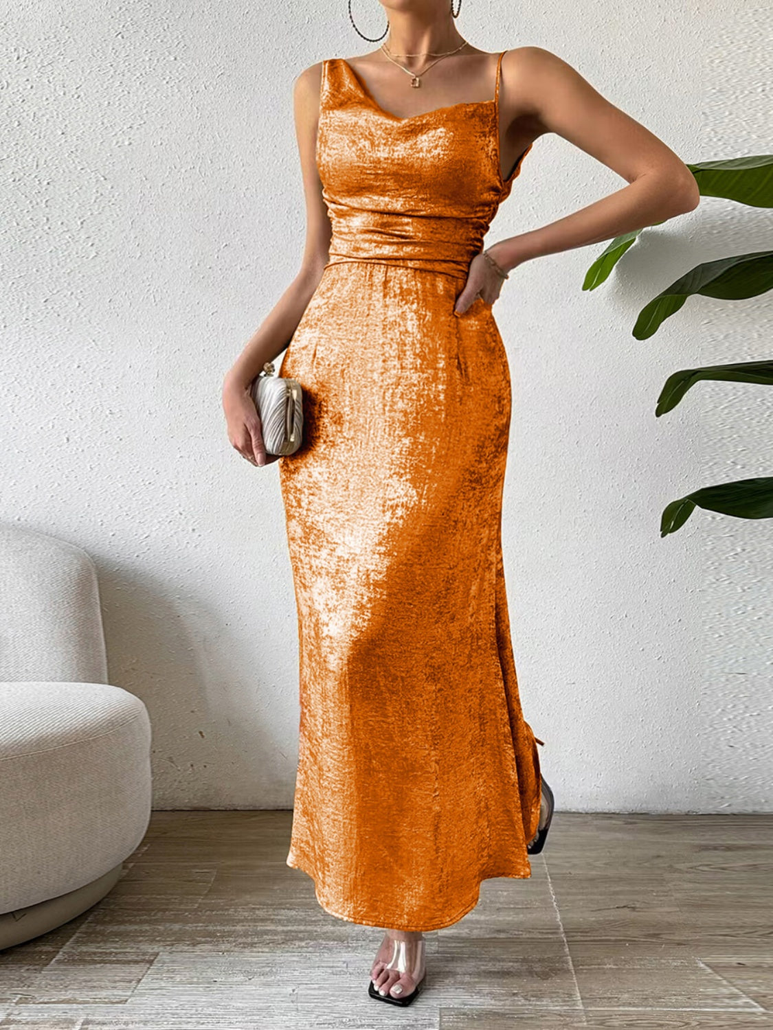 Asymmetric Neck Sleeveless Midi Dress Sunset and Swim Orange S 