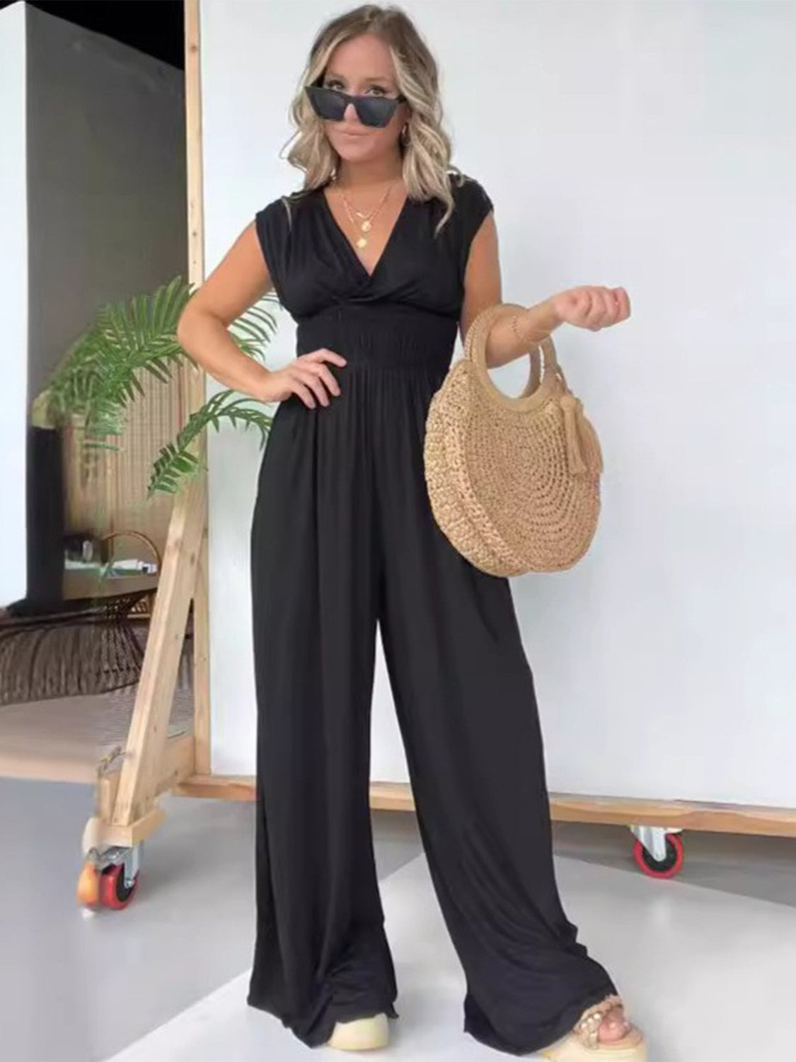 Smocked Cap Sleeve Wide Leg Jumpsuit Sunset and Swim Black S 