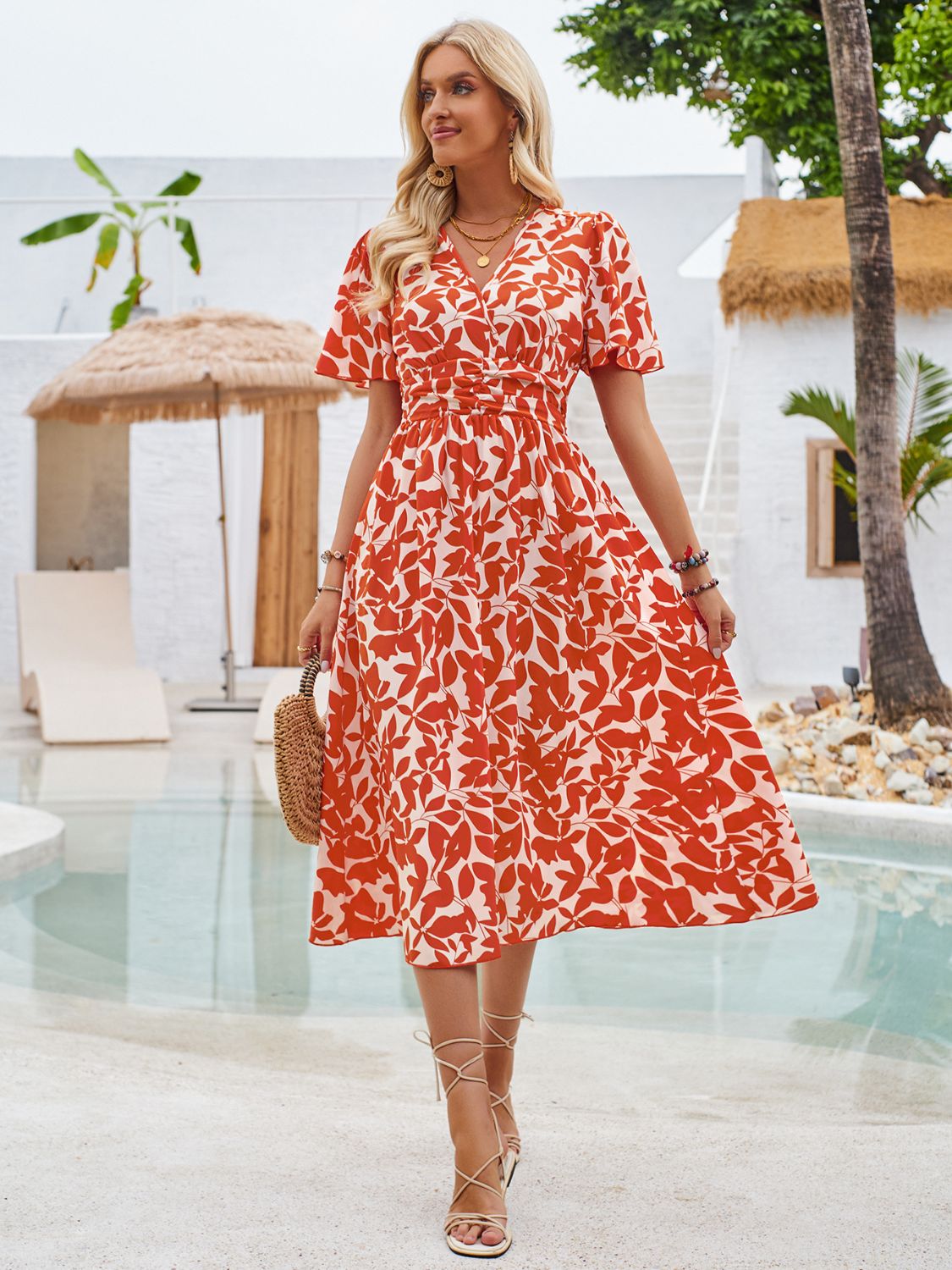 Sunset Vacation Printed Surplice Short Sleeve Midi Dress Sunset and Swim Orange S 