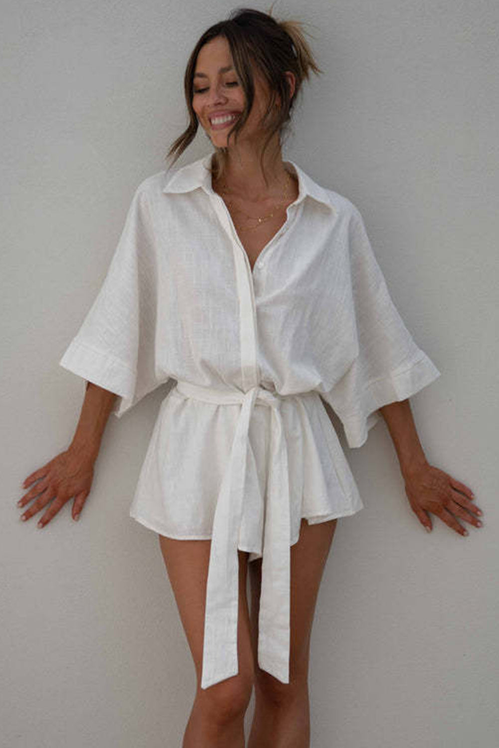 Tied Button Up Collared Neck Romper Sunset and Swim   