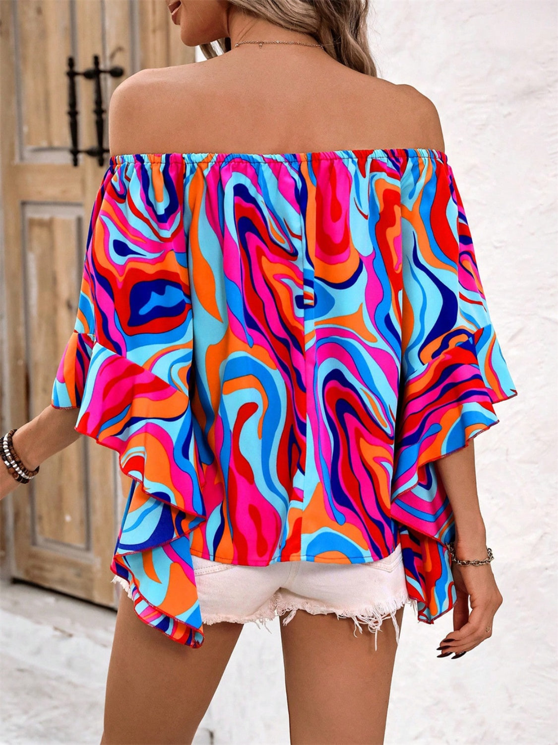 Printed Off-Shoulder Blouse Sunset and Swim   