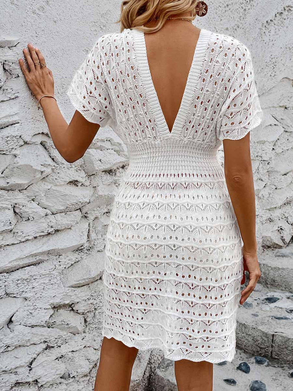 Sunset Vacation  Openwork Plunge Short Sleeve Cover-Up Dress  Sunset and Swim   