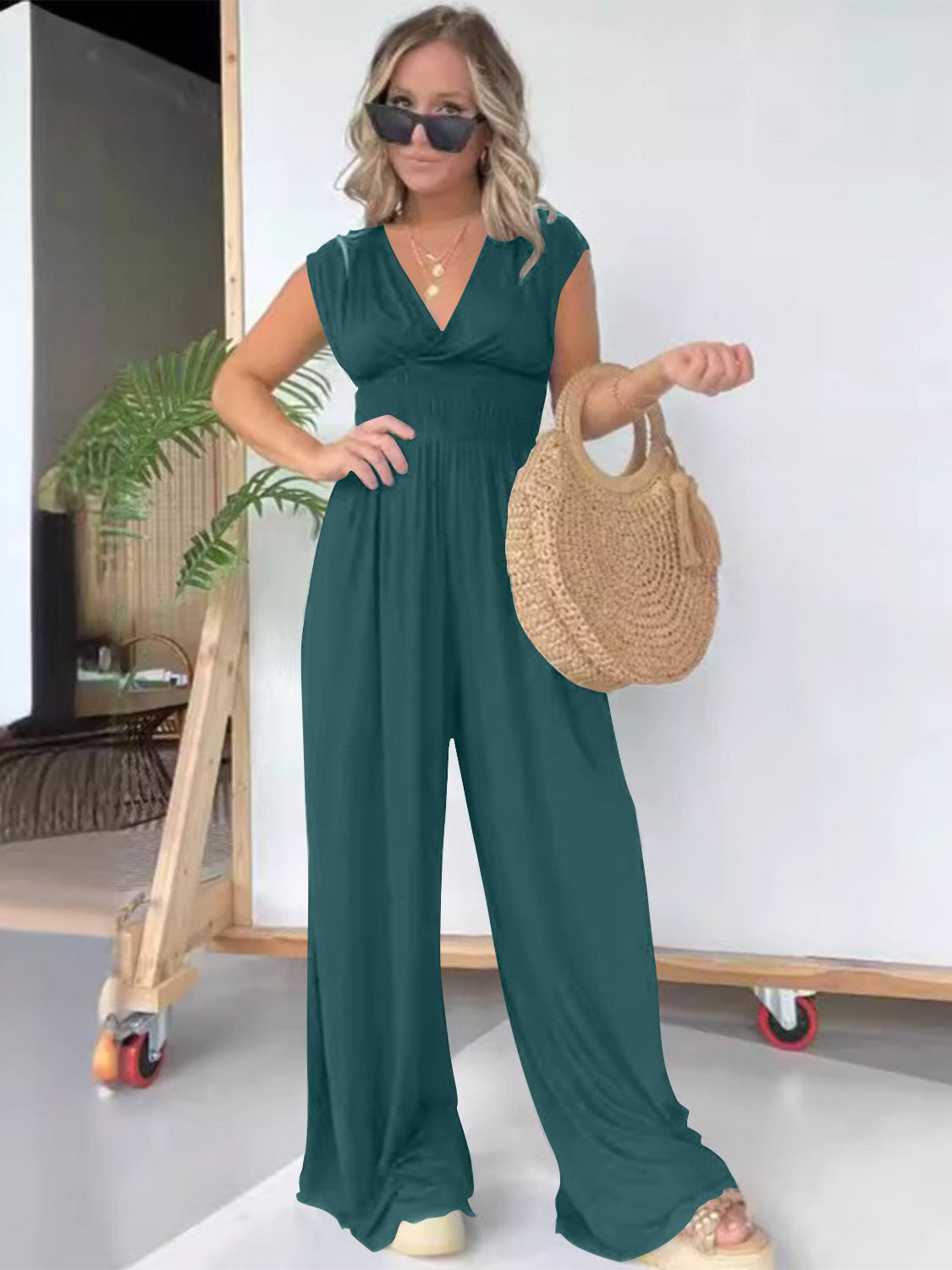 Smocked Cap Sleeve Wide Leg Jumpsuit Sunset and Swim Teal S 