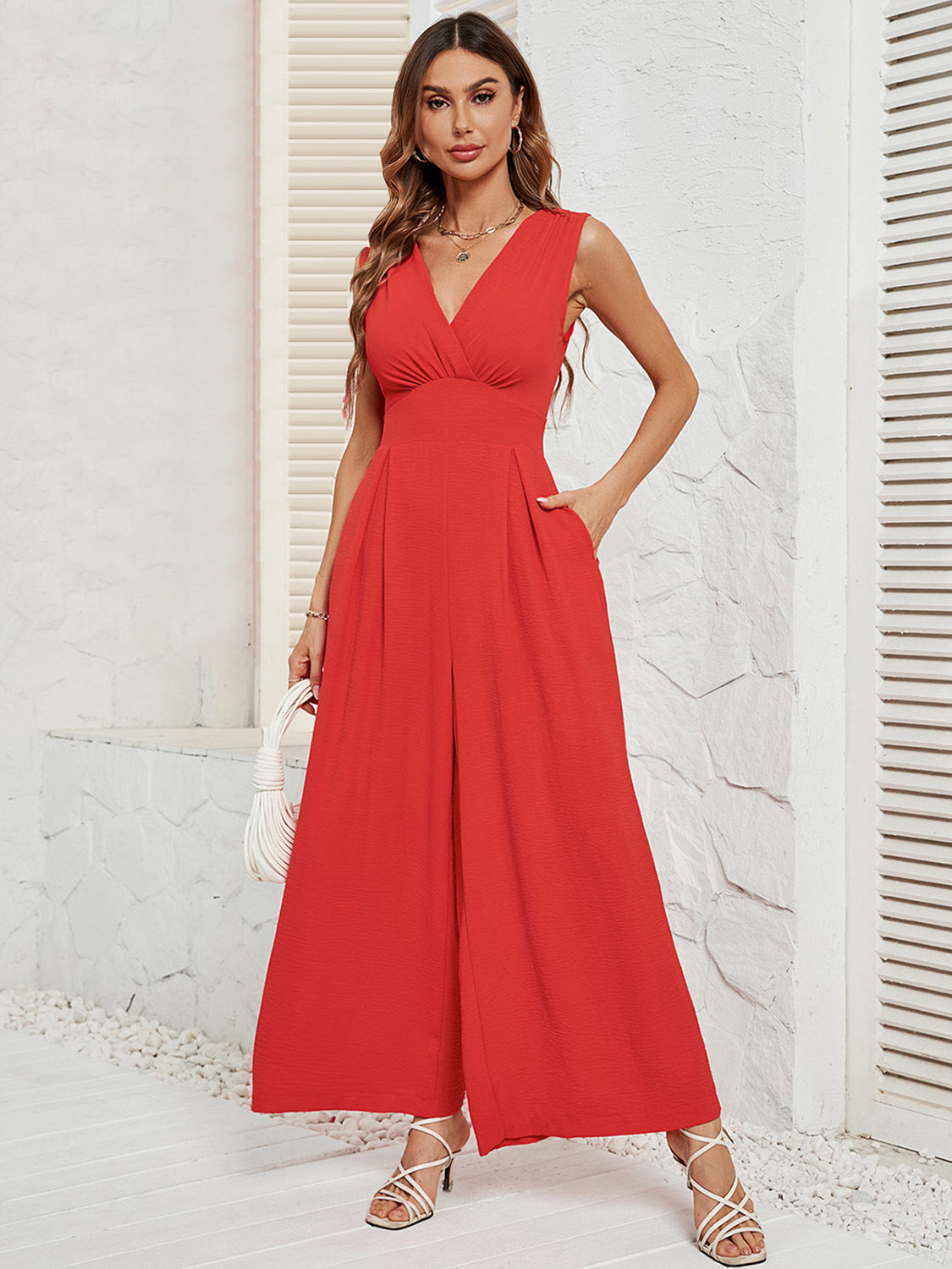Sunset and Swim  Surplice Wide Strap Jumpsuit with Pockets Sunset and Swim Red S 