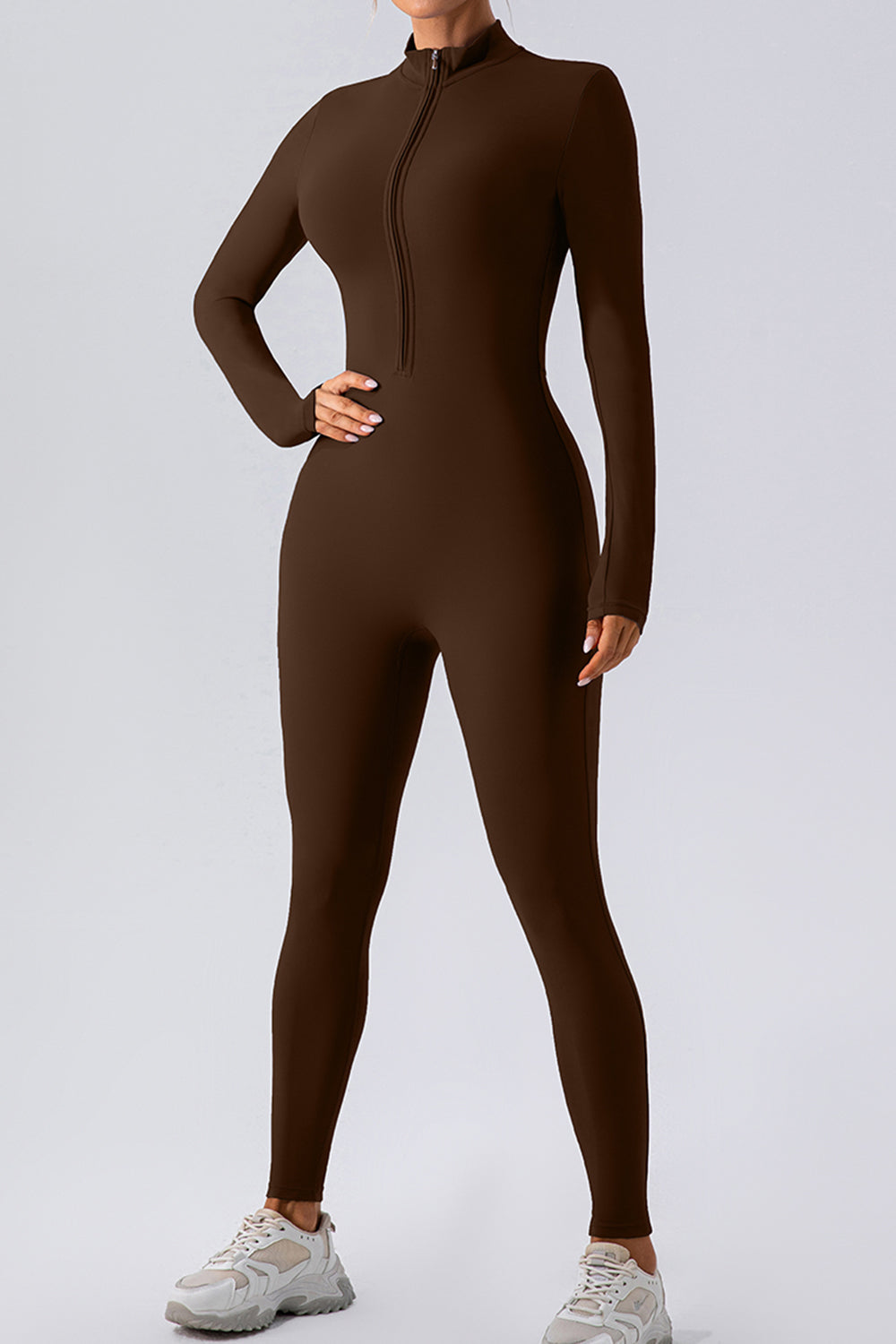Half Zip Mock Neck Active Jumpsuit Sunset and Swim Chocolate S 