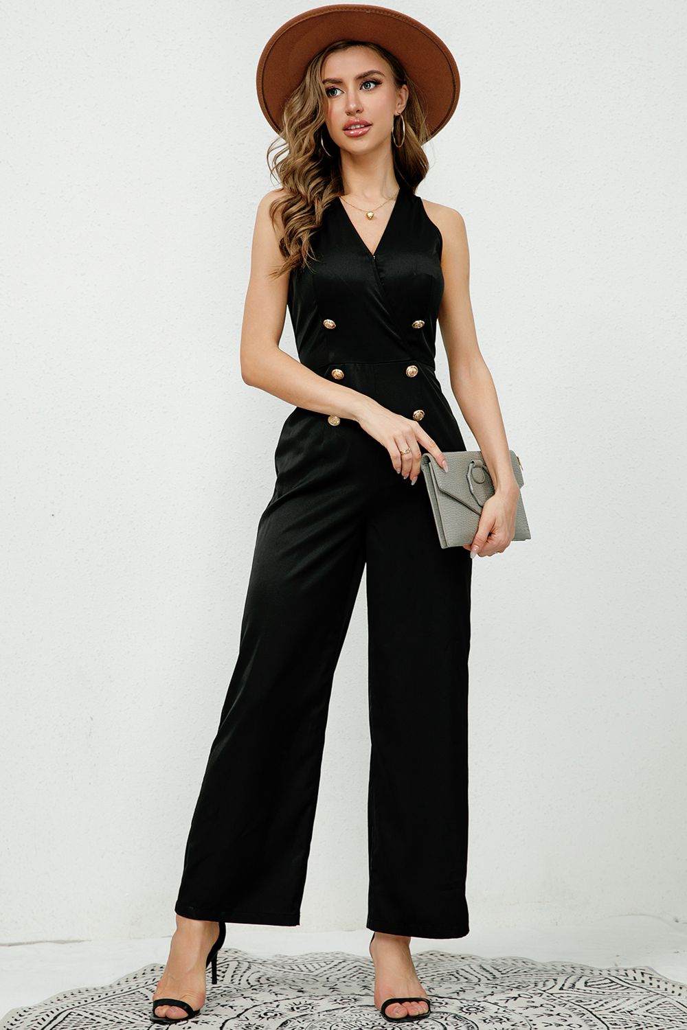 V-Neck Sleeveless Decorative Buttons Jumpsuit Sunset and Swim Black S 