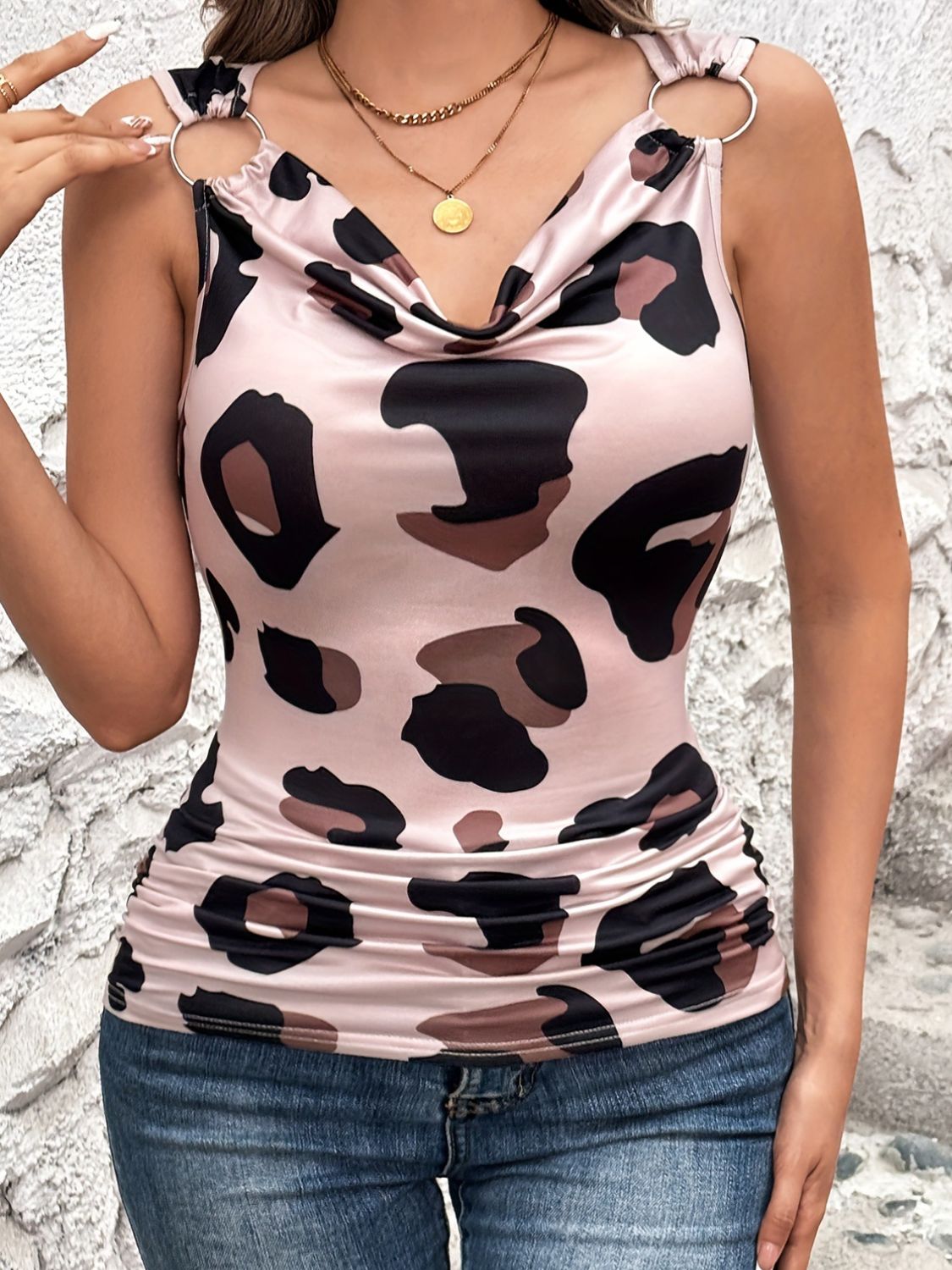 Leopard Cowl Neck Wide Strap Top Sunset and Swim   