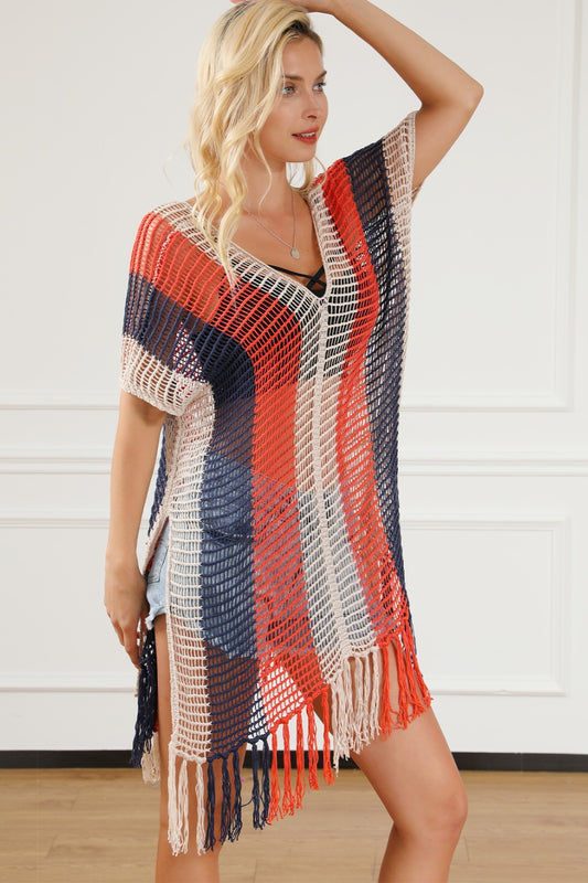 Sunset Vacation  Tassel Color Block V-Neck Cover Up  Sunset and Swim   