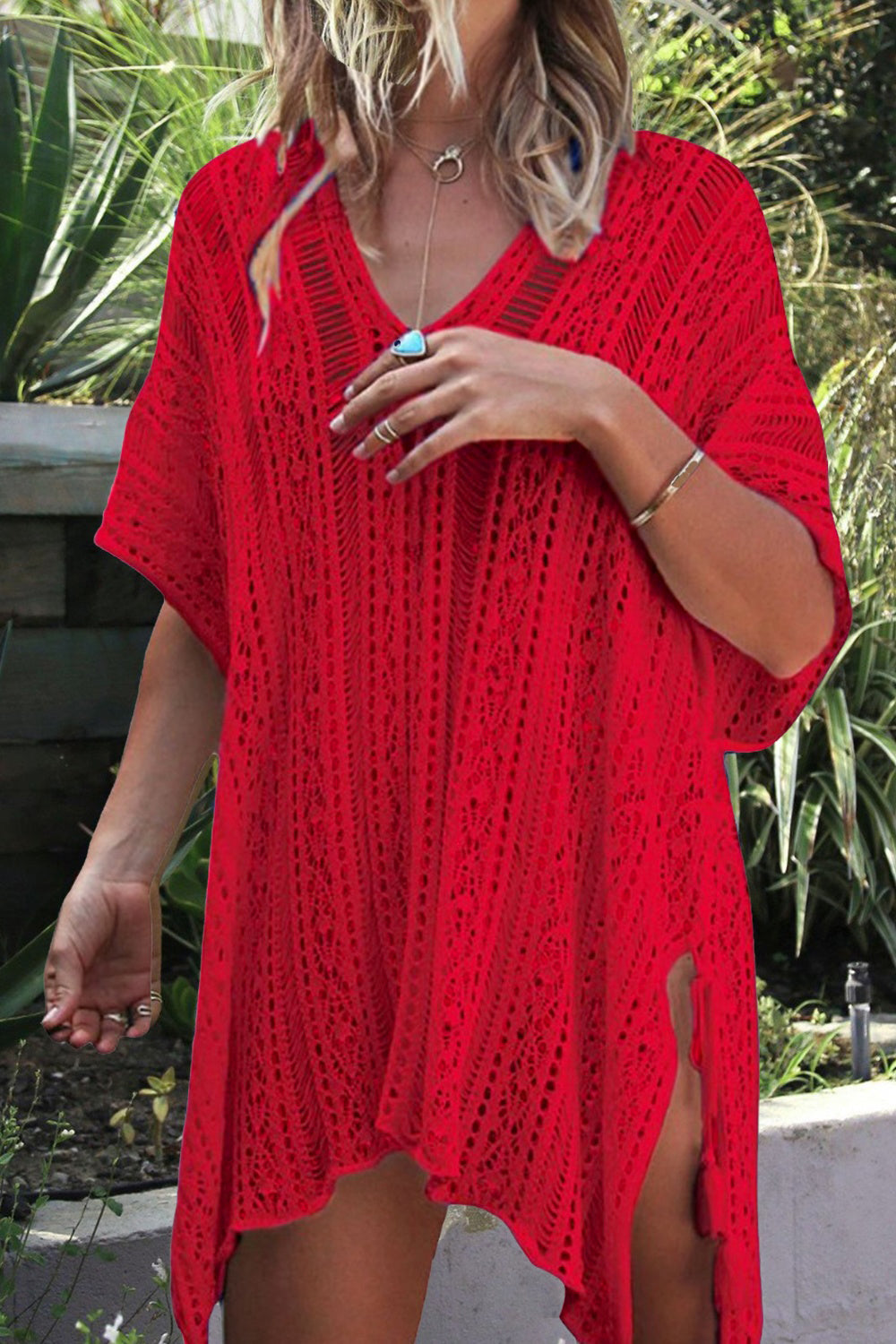 Sunset Vacation  Cutout V-Neck Cover-Up with Tassel  Sunset and Swim Red One Size 