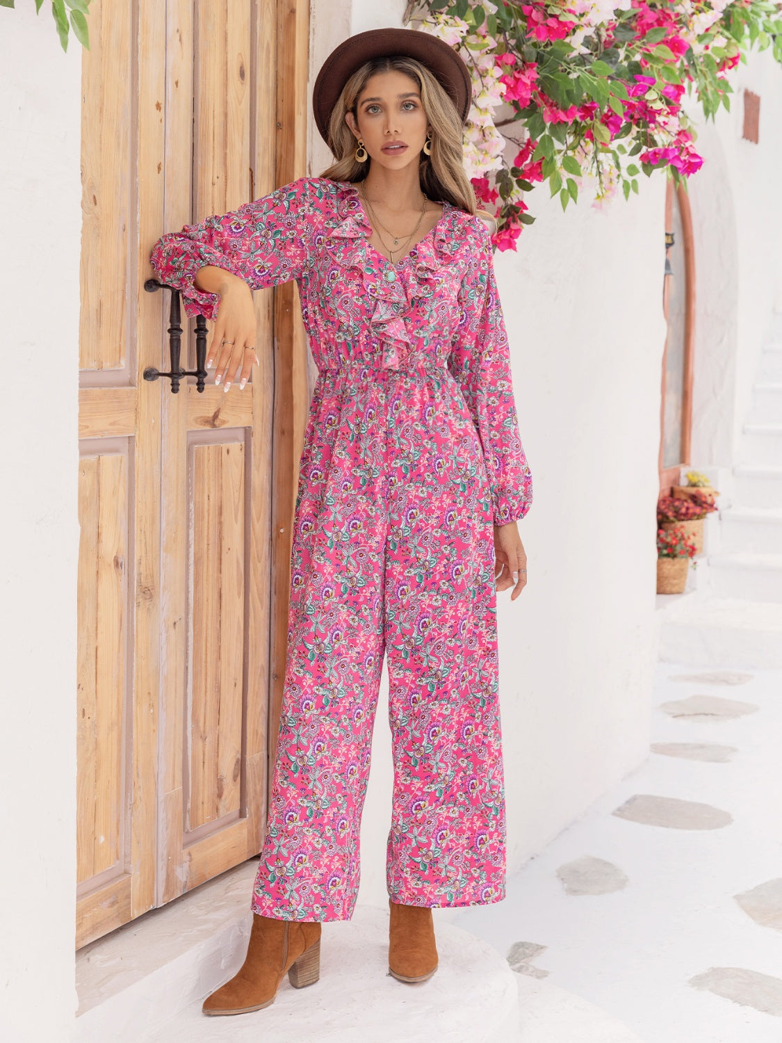 Printed Ruffled V-Neck Balloon Sleeve Jumpsuit Sunset and Swim   