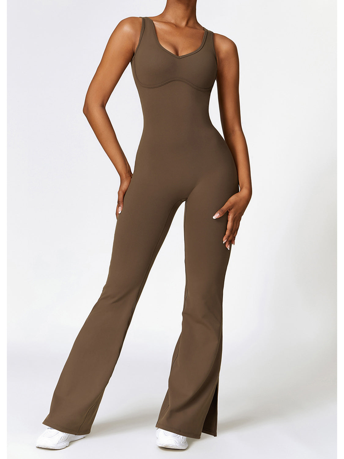 Sunset and Swim  Wide Strap Bootcut Slit Active Jumpsuit Sunset and Swim Mocha S 