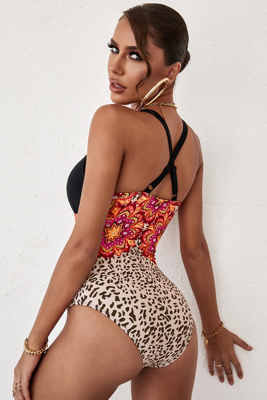 Sunset Vacation  Printed Crisscross Deep V One-Piece Swimsuit Sunset and Swim   