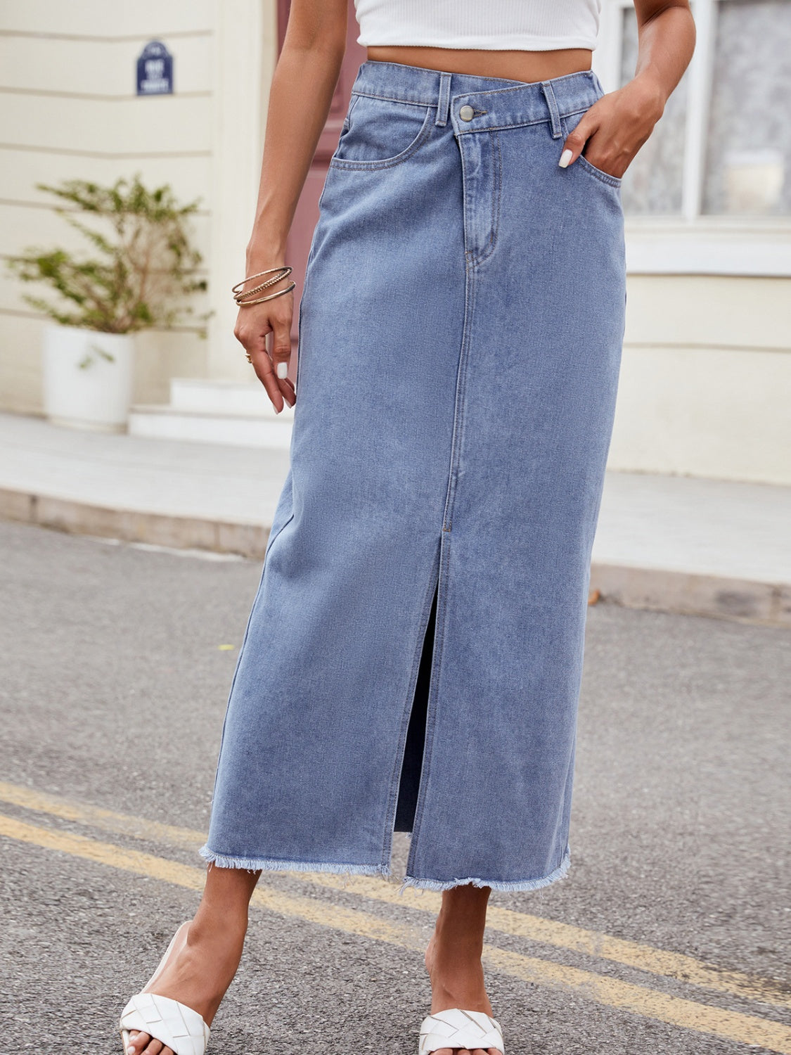 Sunset and Swim  Slit Asymmetrical Waist Denim Skirt Sunset and Swim   