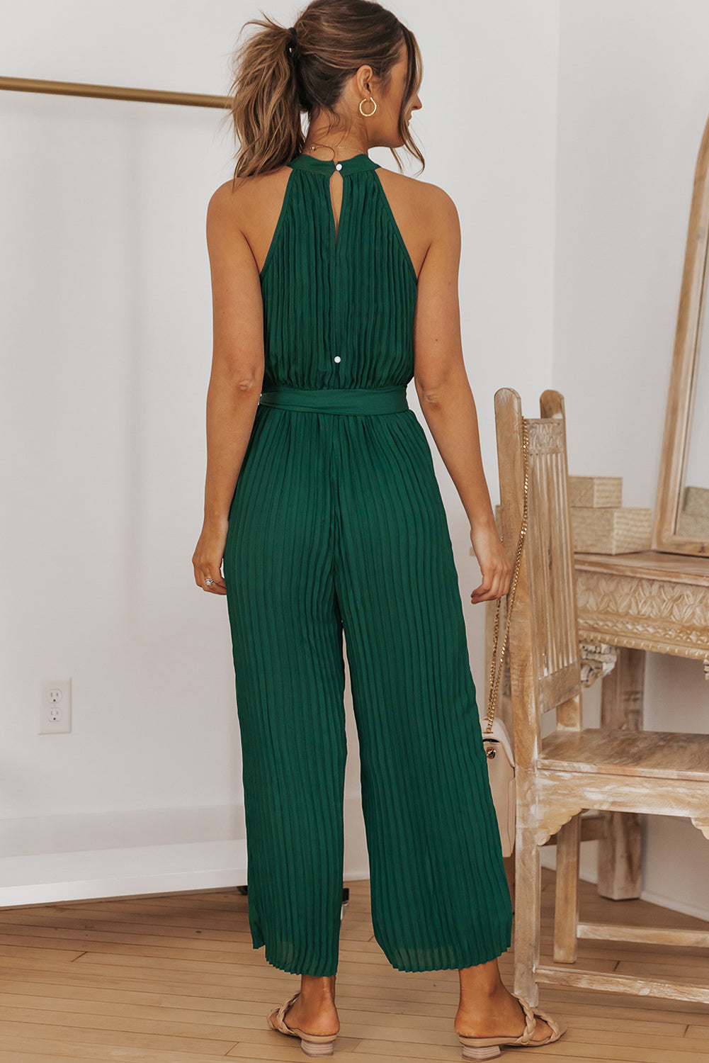 Accordion Pleated Belted Grecian Neck Sleeveless Jumpsuit Sunset and Swim   