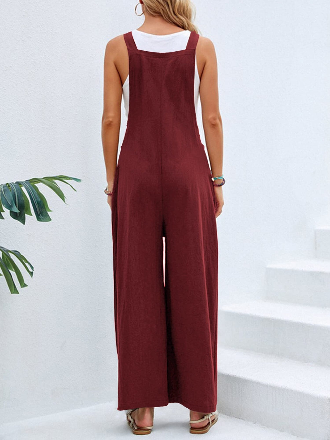 Full Size Square Neck Wide Strap Overalls Sunset and Swim Burgundy S 