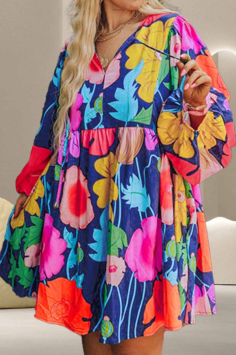 Sunset and Swim  Plus Size Printed Tie Neck Long Sleeve Dress Sunset and Swim Floral 1XL 